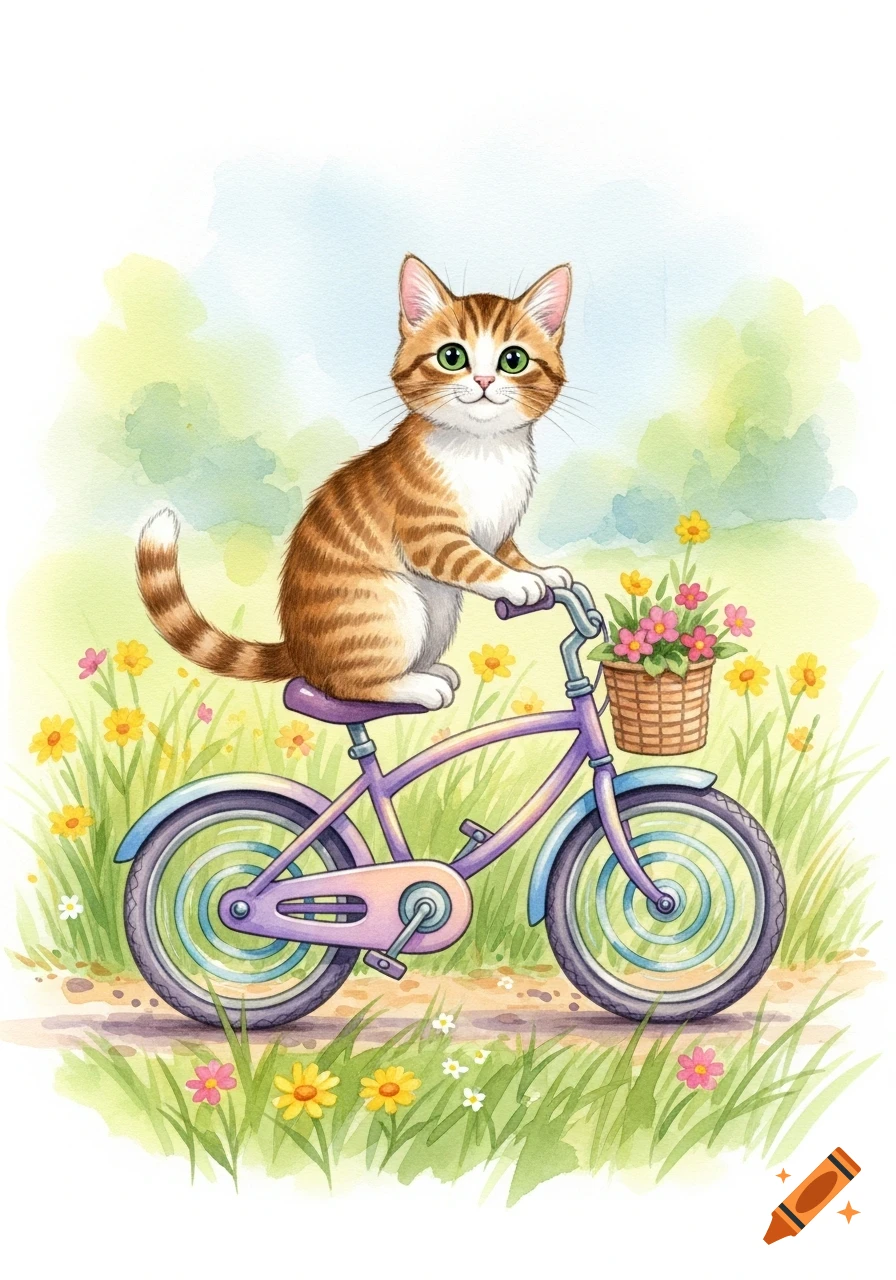 A charming watercolor illustration of a tabby cat riding a purple bicycle with a basket of flowers through a field of green grass and wildflowers.