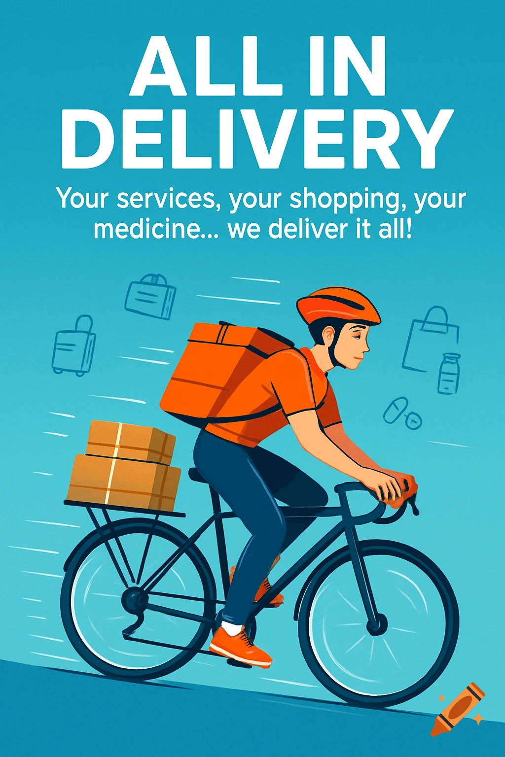 Illustration of a delivery person on a bicycle with an orange backpack, carrying parcels, against a blue background with text promoting 'ALL IN DELIVERY'.