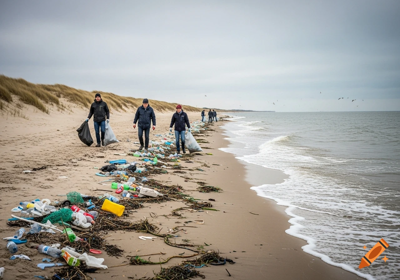 People clean a sandy beach strewn with plastic waste and debris next to the ocean under an overcast sky. Photorealistic.