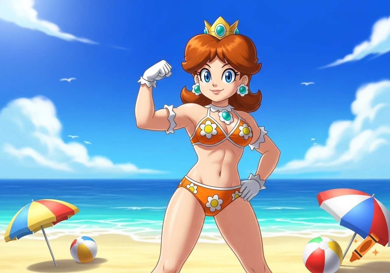 Princess Daisy from Nintendo flexing muscles in an orange bikini at a sunny beach with umbrellas and beach balls, in a vibrant cartoon style.