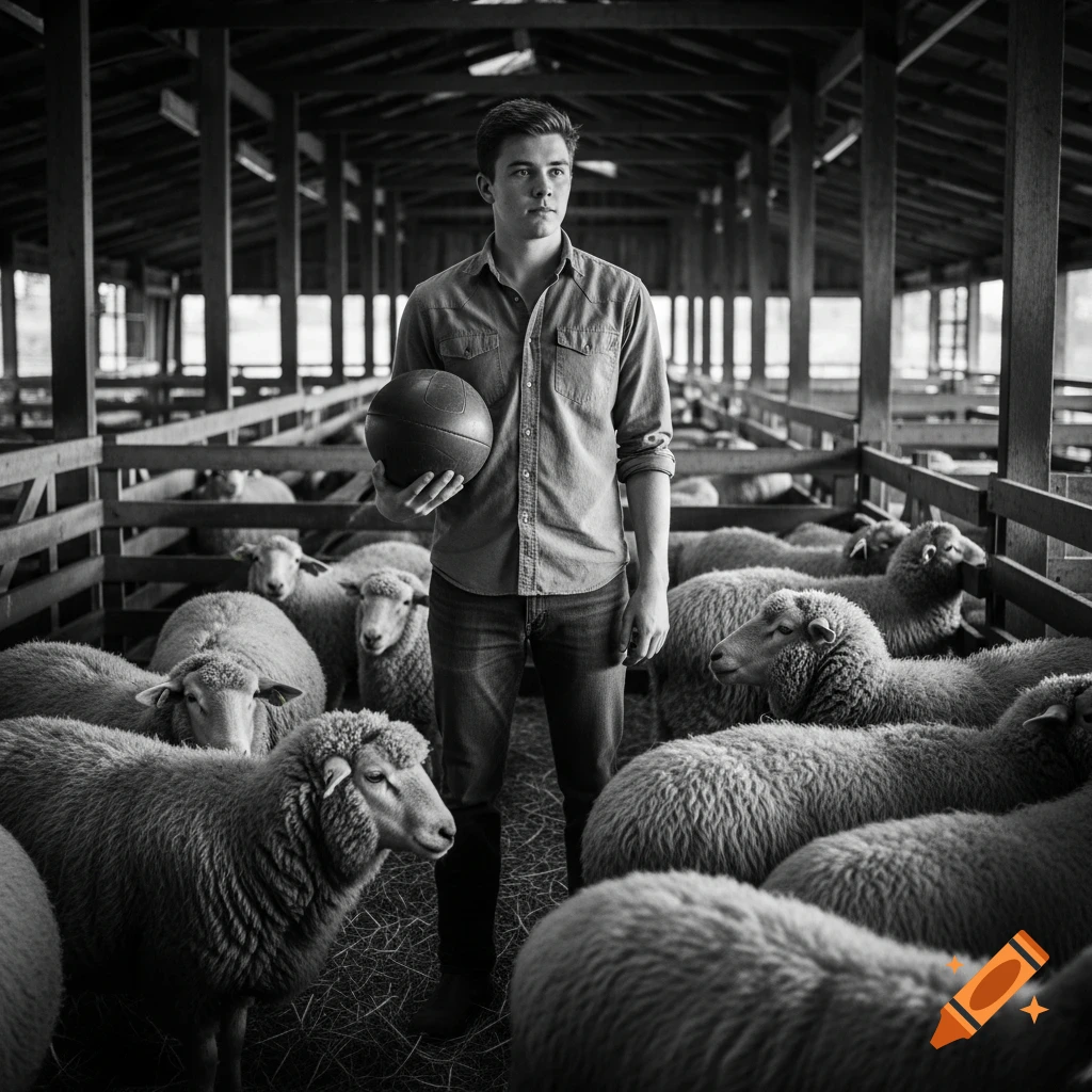 Black and white photo of a young man holding a basketball, standing among sheep in a barn.
