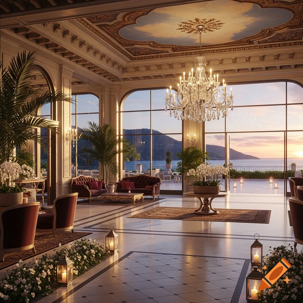 A luxurious hotel lobby with a grand chandelier, plush sofas, and large windows offering a sunset view over the sea.