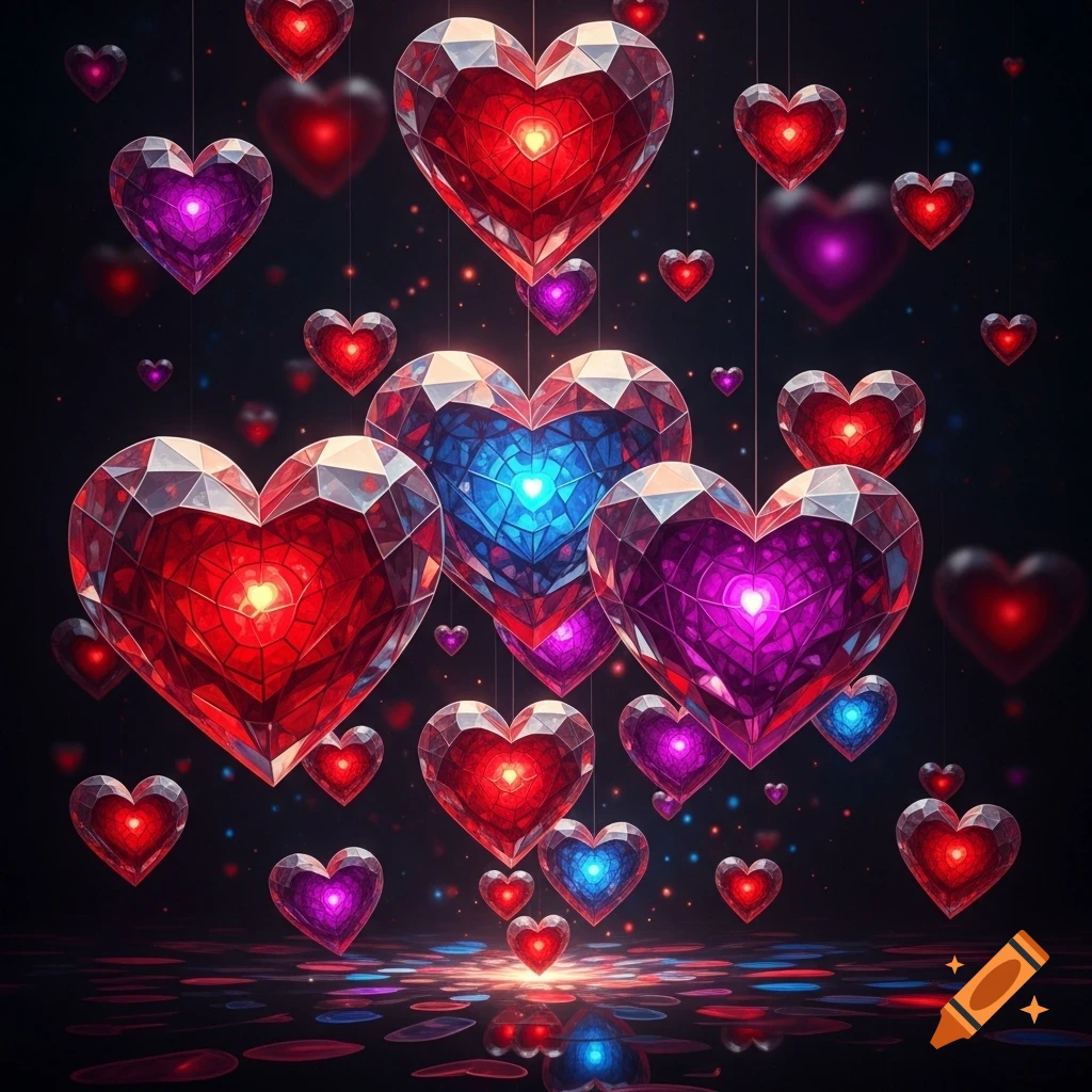 Many glowing, faceted hearts in red, purple, and blue float and reflect on a dark surface.