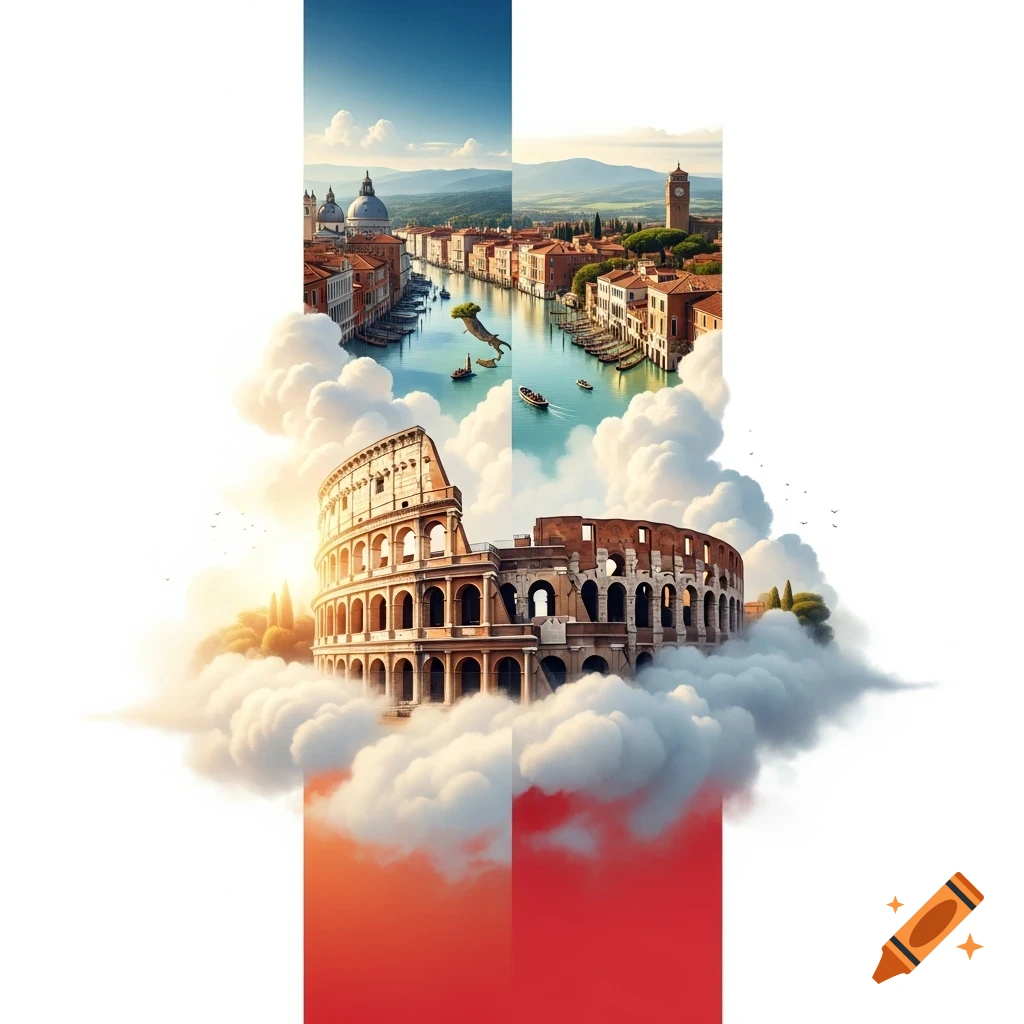 Stylized depiction of the Colosseum and Venice canal with boats floating on clouds, set against a background of blue, white, and red.