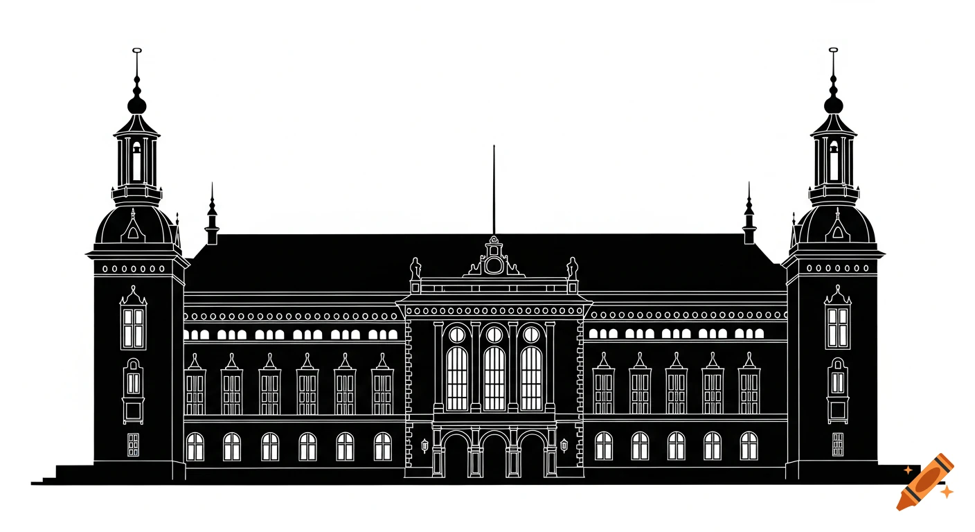 Black vector silhouette of a grand fantasy city assembly building with two ornate spires and a monumental arched entrance.