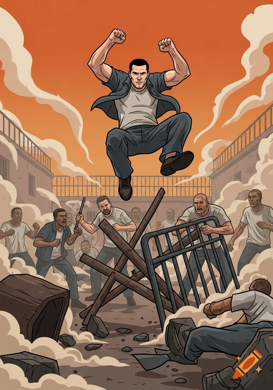 A muscular man leaps with raised fists over a barricade during a prison riot with other inmates and smoke, in a graphic novel style.