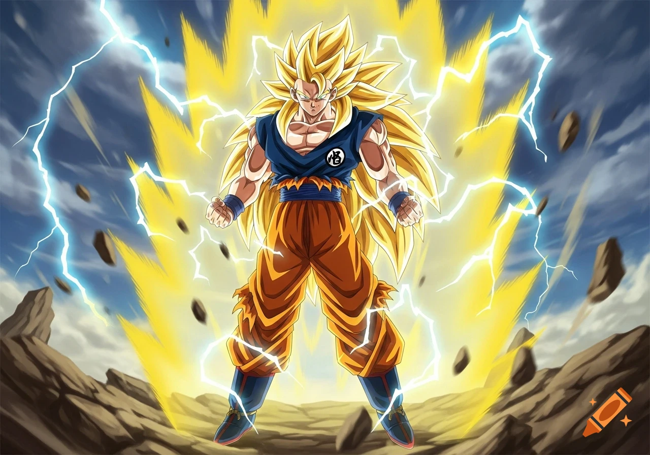 Goku Super Saiyan 3 with long golden hair, powering up with lightning and debris flying around in an anime style.