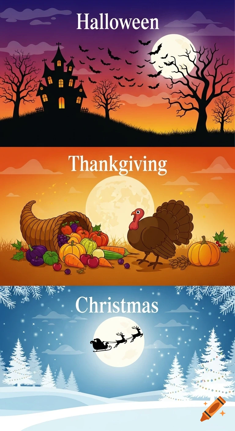 A cartoon vertical collage of three holiday scenes: Halloween, Thanksgiving, and Christmas. Halloween features a haunted house, bats, and bare trees; Thanksgiving shows a cornucopia and a turkey; Christmas displays Santa's sleigh with reindeer, and snowy pine trees.