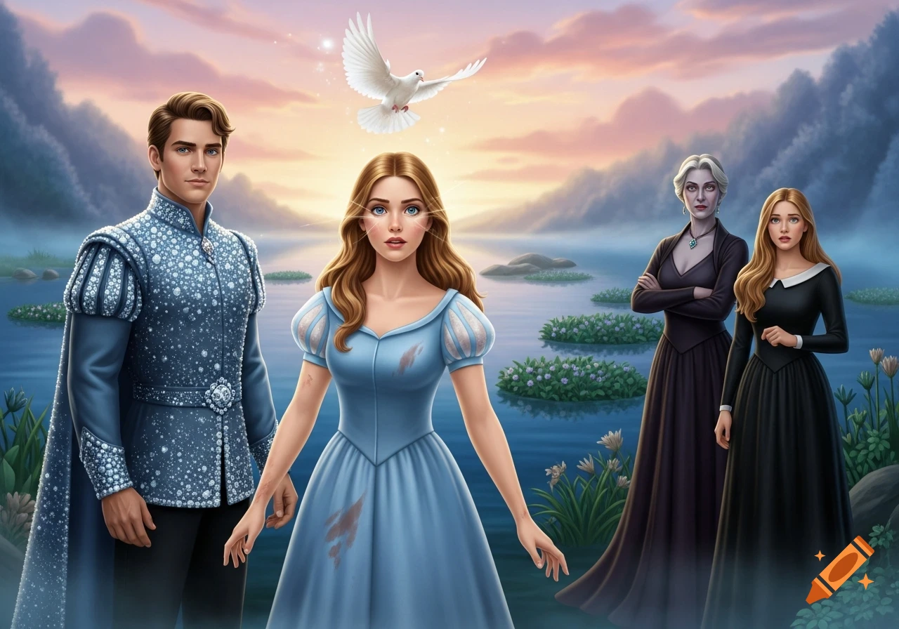 A prince and princess, with a white dove above, stand by a lake. A stern stepmother and her fearful daughter watch from the right.