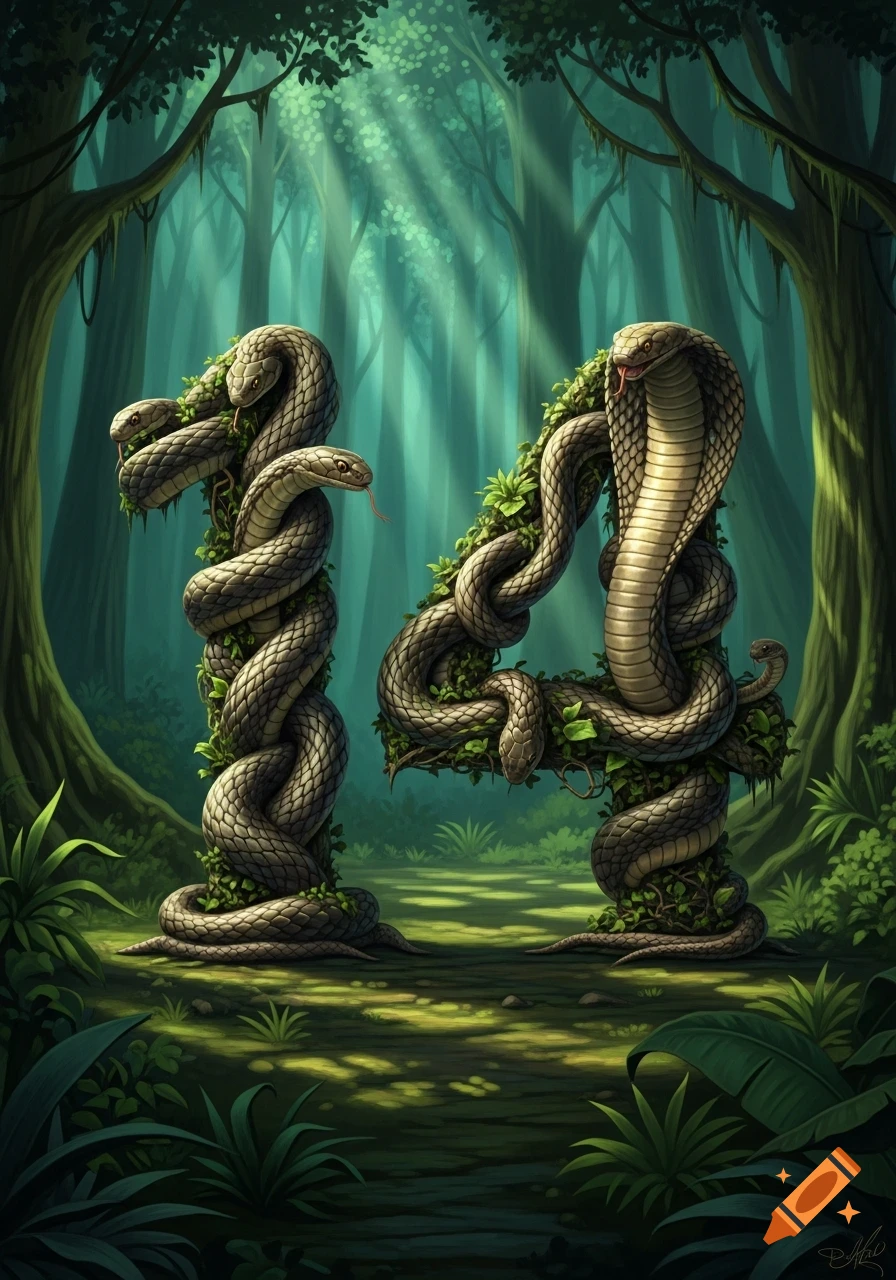 Detailed illustration of the number 14 formed by intertwined snakes and jungle vines in a vibrant, sunlit forest.
