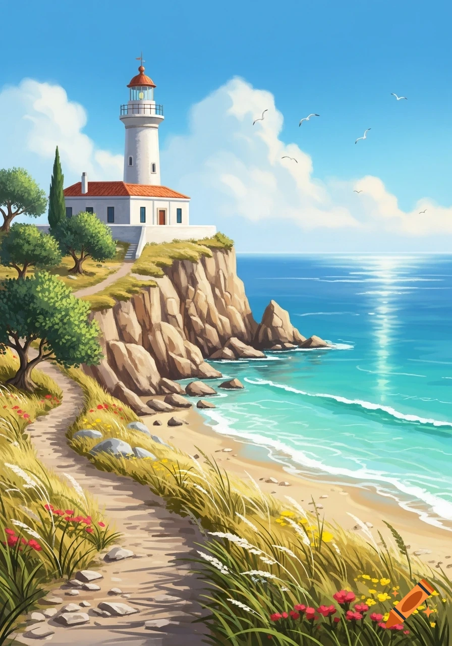 Vibrant illustration of a white lighthouse on a cliff overlooking a sunny turquoise beach with a winding path and trees.