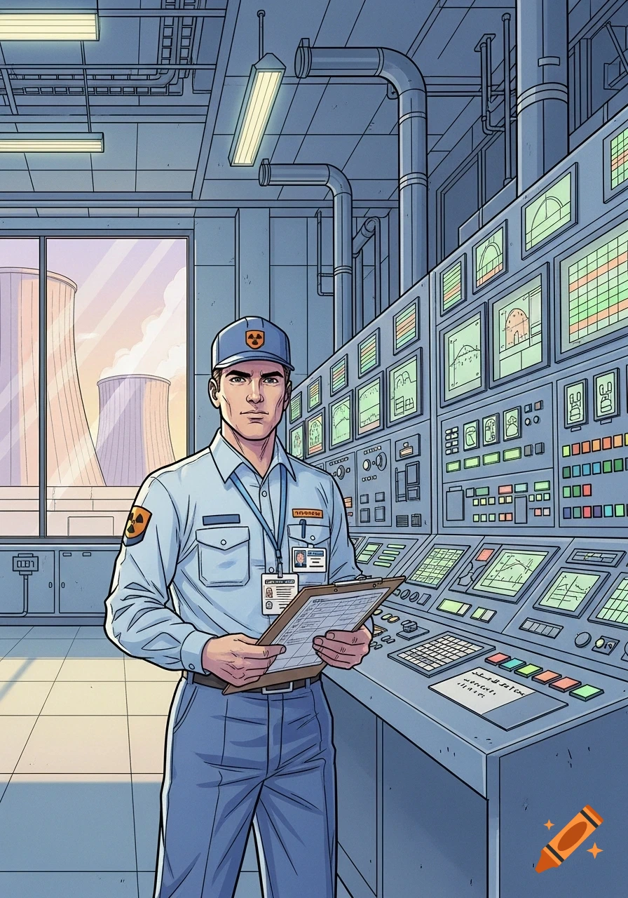 Comic-book style male nuclear power plant operator in a control room, holding a clipboard, with cooling towers outside.