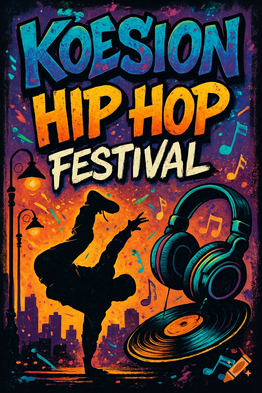 Vibrant street art poster for the Koesion Hip Hop Festival, featuring a breakdancer silhouette, headphones, and a vinyl record against an orange cityscape.