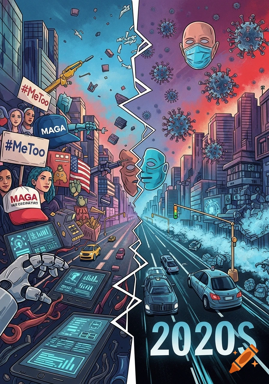 A vibrant illustration depicting the transition from the 2010s to the 2020s, split by a jagged line. The left side shows social movements like #MeToo and MAGA, technological advancements, and cityscapes. The right side features a cityscape with COVID-19 viruses, a masked face, and the text "2020S" at the bottom. Vehicles drive on a road that divides the two decades.