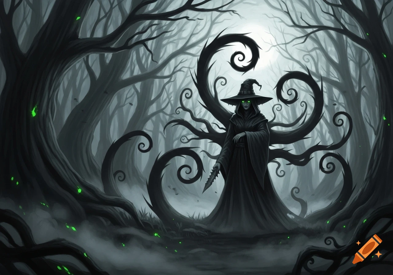 Dark fantasy illustration of a witch with glowing green eyes, black cloak, and dagger, standing in a misty, eerie forest with swirling branches.