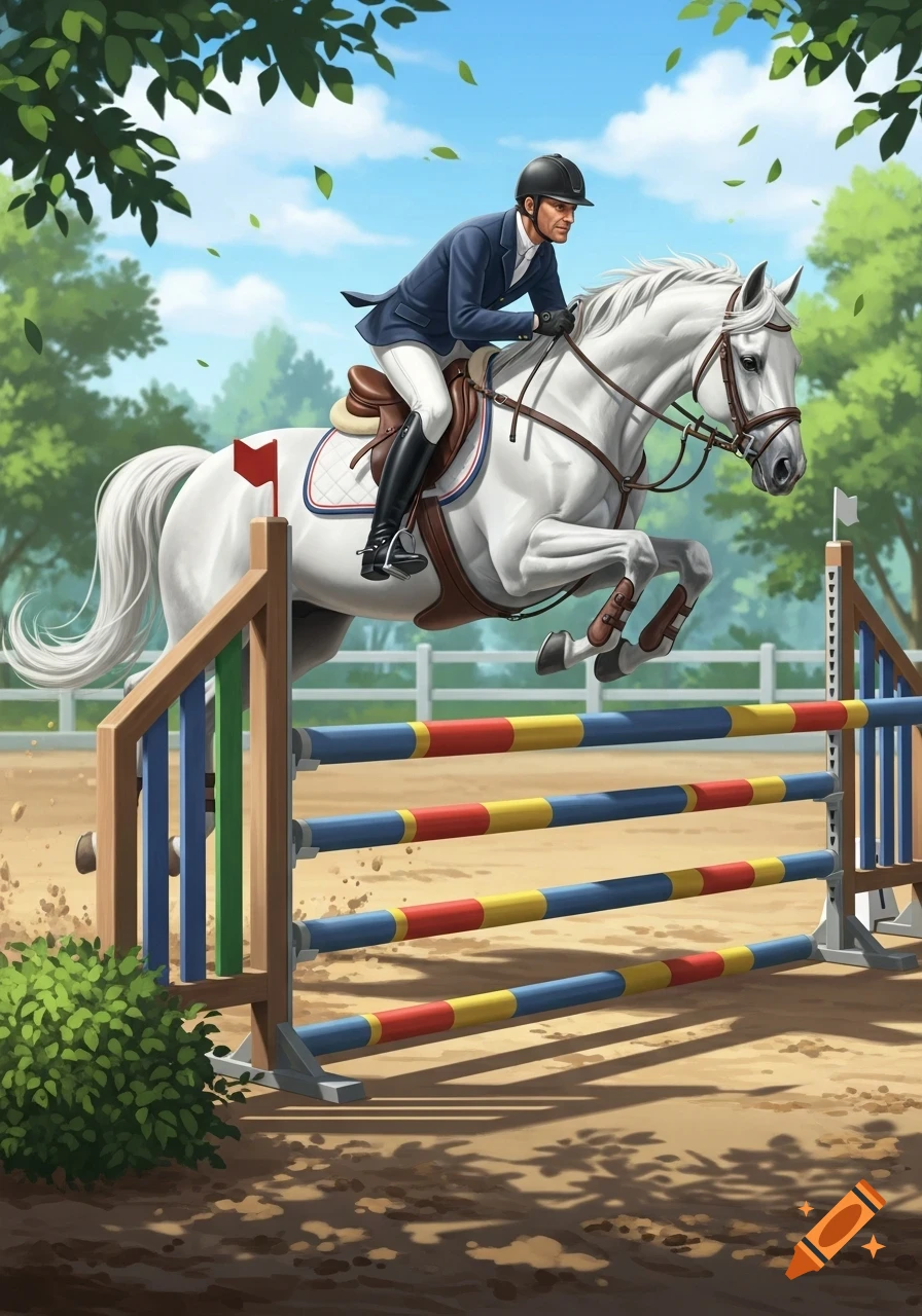 An illustration of a man on a white horse mid-jump over a colorful hurdle in an outdoor equestrian arena.