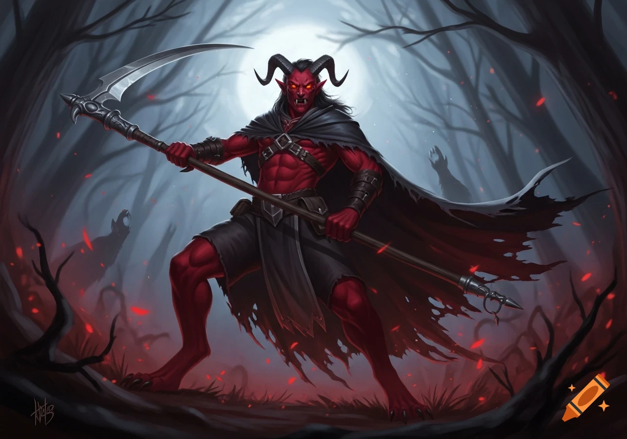 A red-skinned demon with horns, fangs, and glowing red eyes stands in a dark, eerie forest, holding a large scythe.