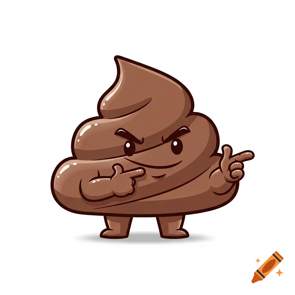 A cartoon brown poo emoji character with an expressive face making finger gun gestures on a white background.