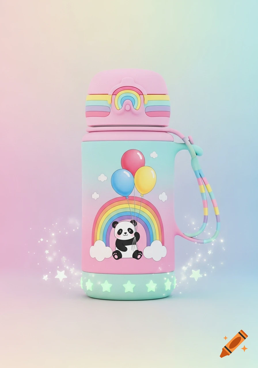 A pastel-colored children's water bottle with a panda holding balloons, a rainbow, and glowing stars near the base.