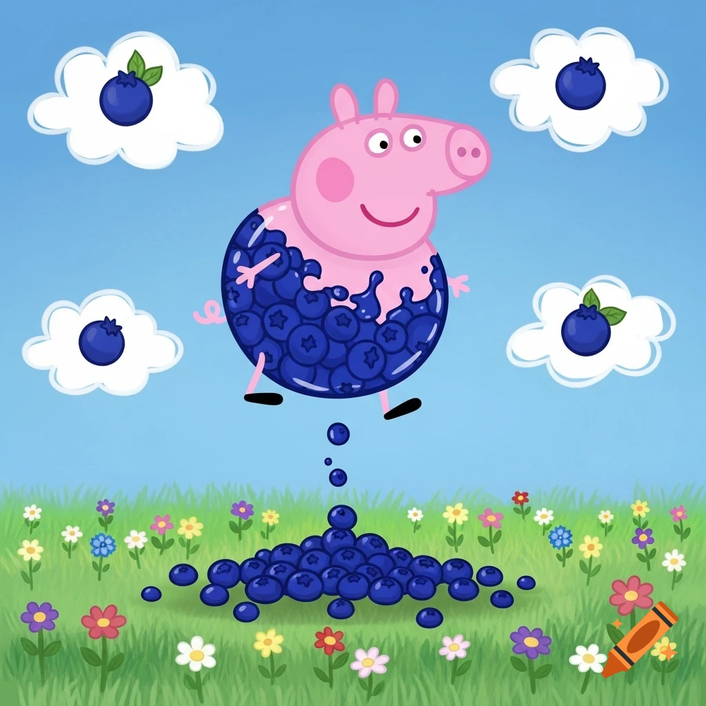 A cartoon Peppa Pig, round and filled with blueberries, floats above a grassy field while blueberries fall from her onto a pile below. White clouds with blueberries float in the blue sky.