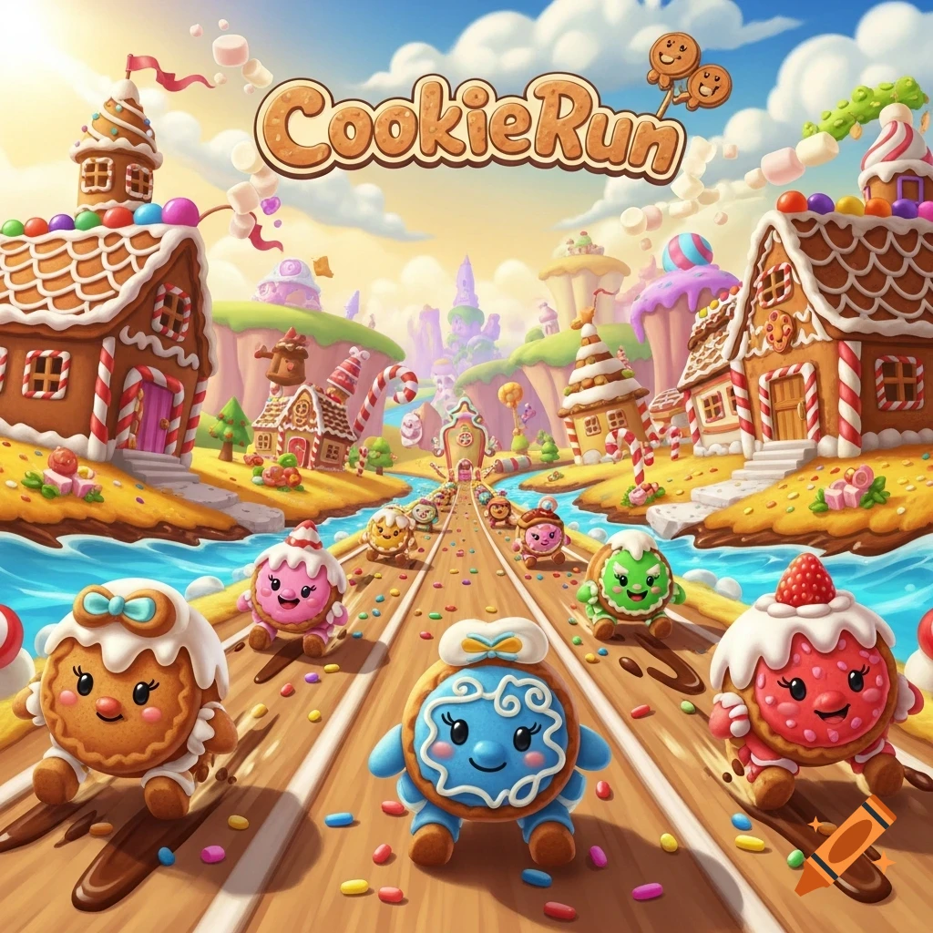 Animated cookie characters race on a path through a vibrant candy land filled with gingerbread houses and sweets under a bright sky.