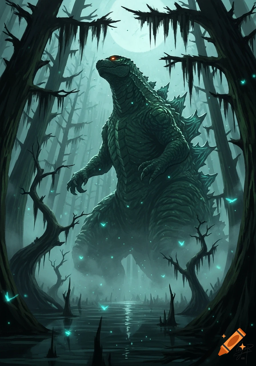 A dark fantasy illustration of a massive green Godzilla standing in a mystical swamp, surrounded by glowing blue fireflies and eerie trees under a bright moon.