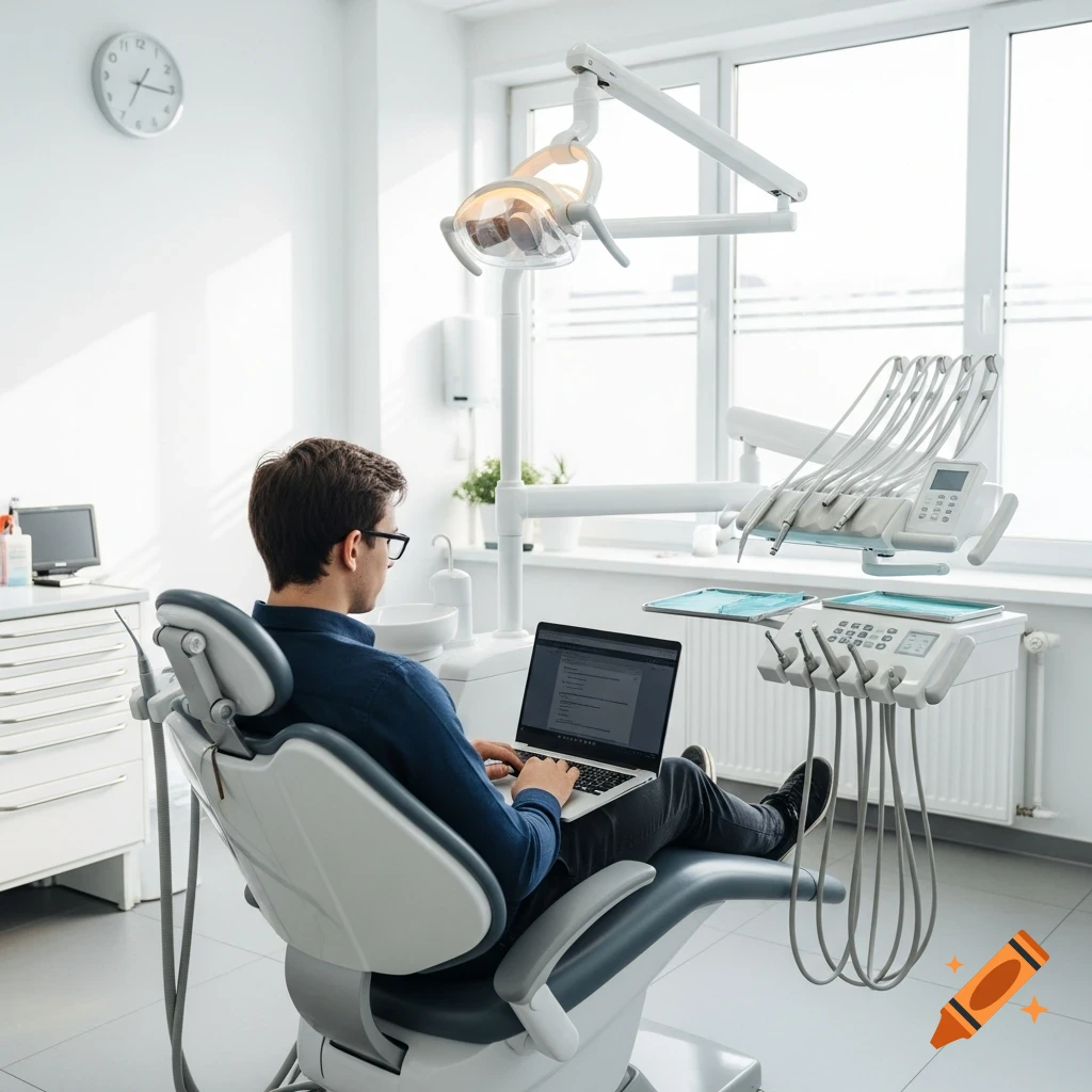 A man sits in a modern dentist's chair, wearing glasses and a blue shirt, working on a laptop in a bright office with dental equipment.