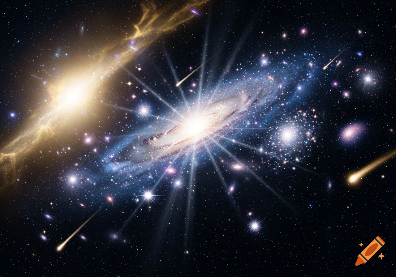 A vibrant image of a spiral galaxy with a bright core, surrounded by numerous stars and streaks of light from meteors.