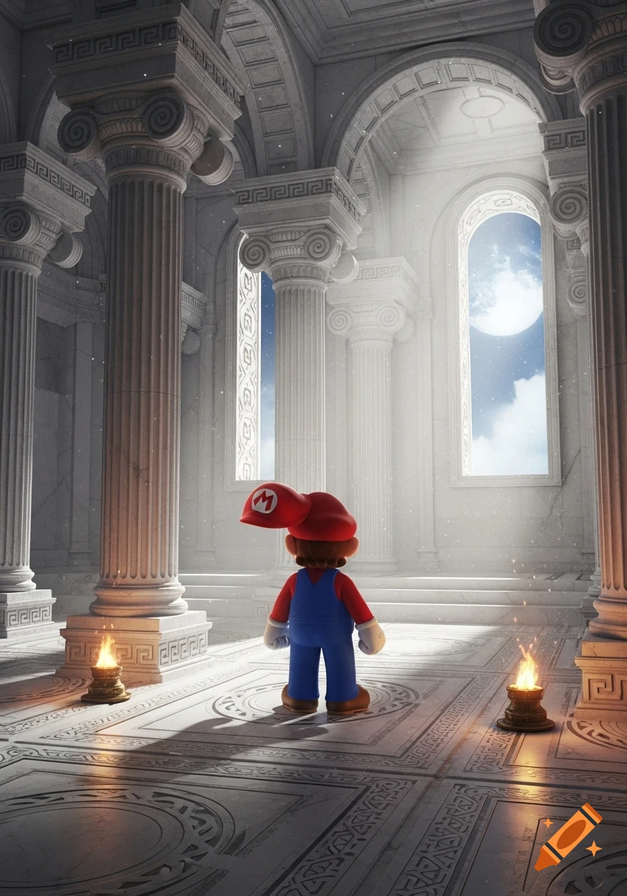 Super Mario stands in a grand white Greek-style temple with tall columns and arches, looking at a moon in the sky. Small fires glow on the floor.
