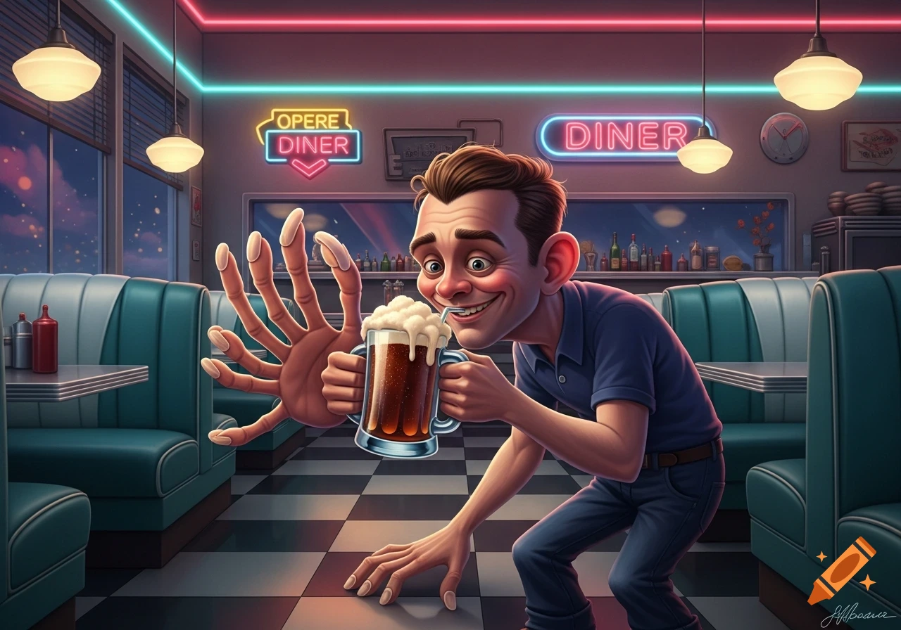 A cartoonish, deformed man with many long fingers and nails crouches in a retro diner, happily sipping from a mug of root beer with a straw.