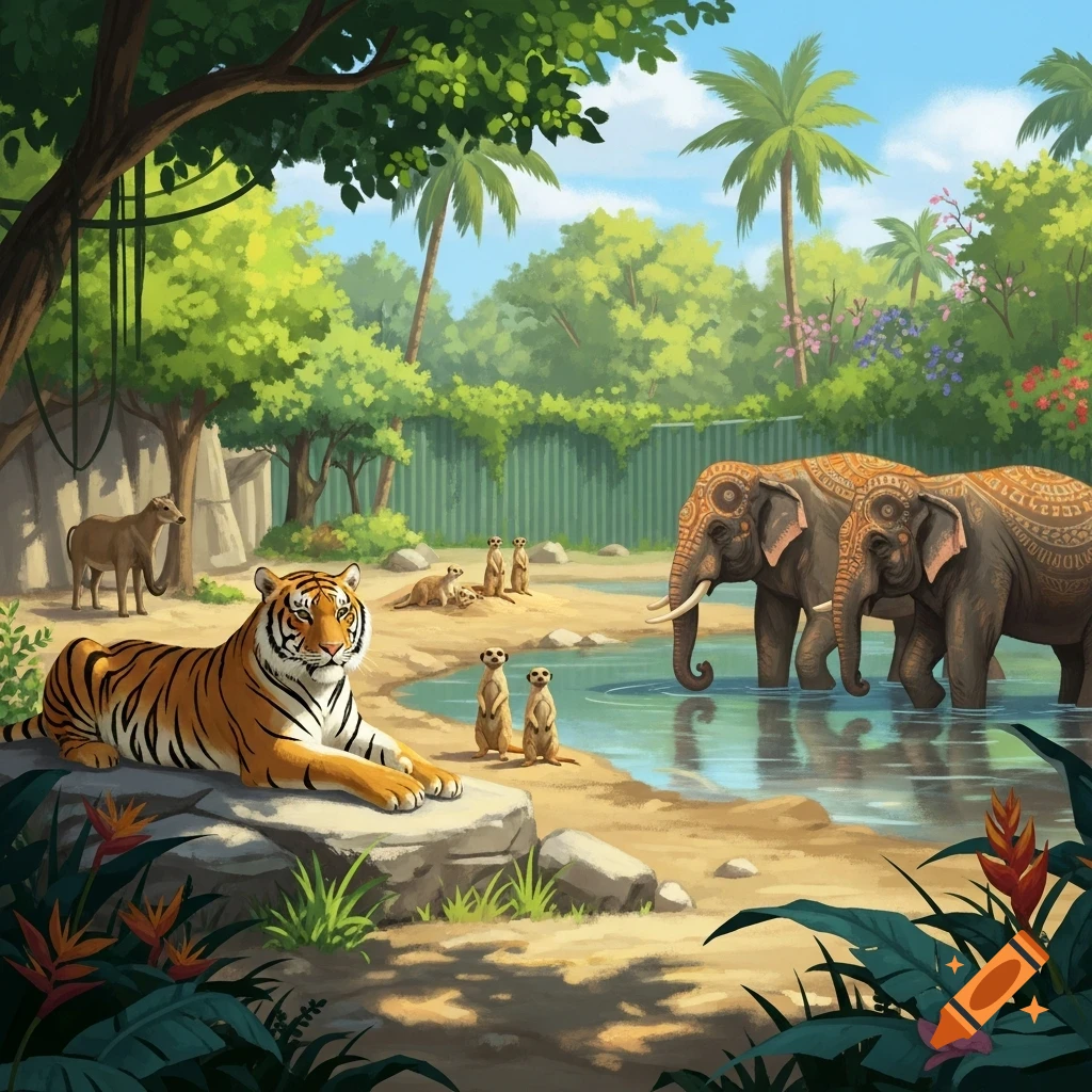 A colorful illustration of a tiger resting on a rock, elephants in water, and meerkats standing in a lush zoo habitat.