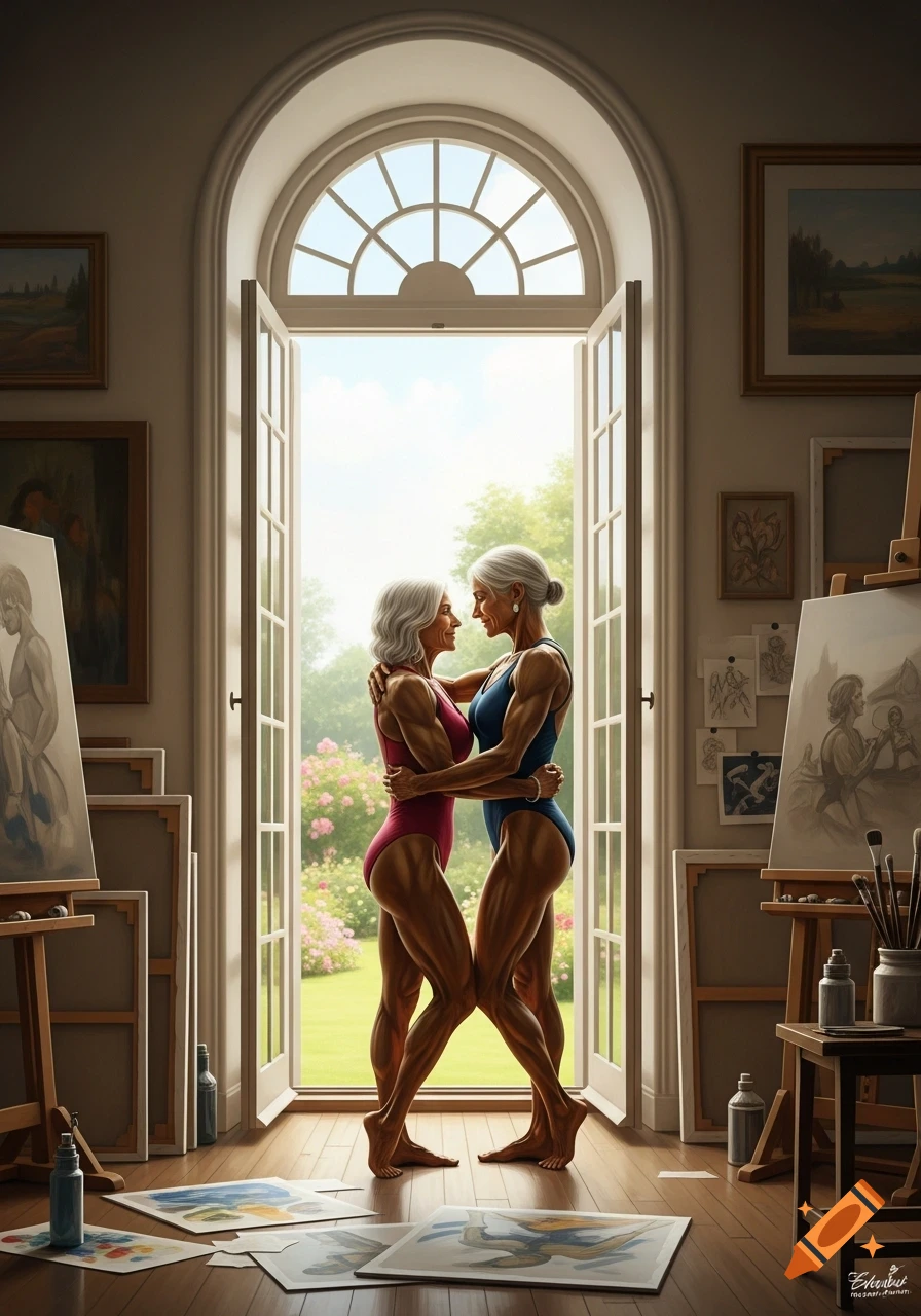 Two muscular elderly women in swimsuits embrace in an artist's studio, looking out a large window to a lush garden.