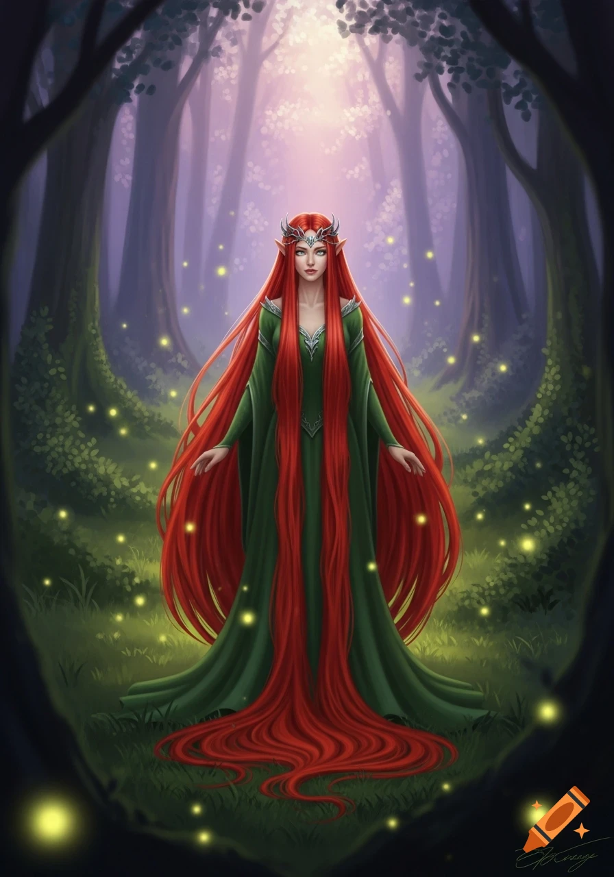 Digital painting of a red-haired elf in a green dress with a silver crown standing in a mystical forest with glowing lights.