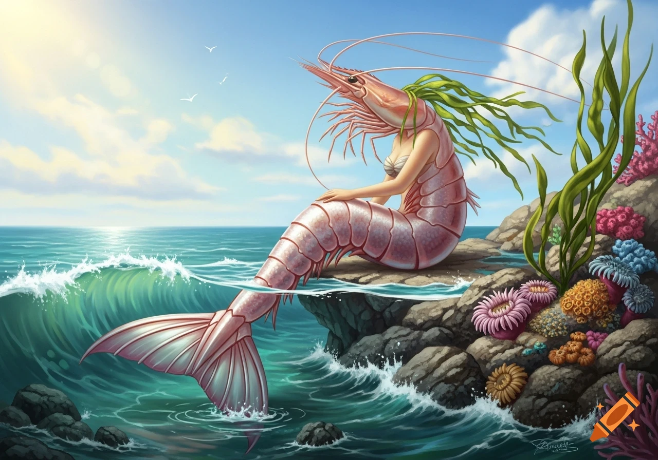 Detailed illustration of a shrimp-mermaid sitting on ocean rocks, looking out at the blue sea with coral and seaweed.