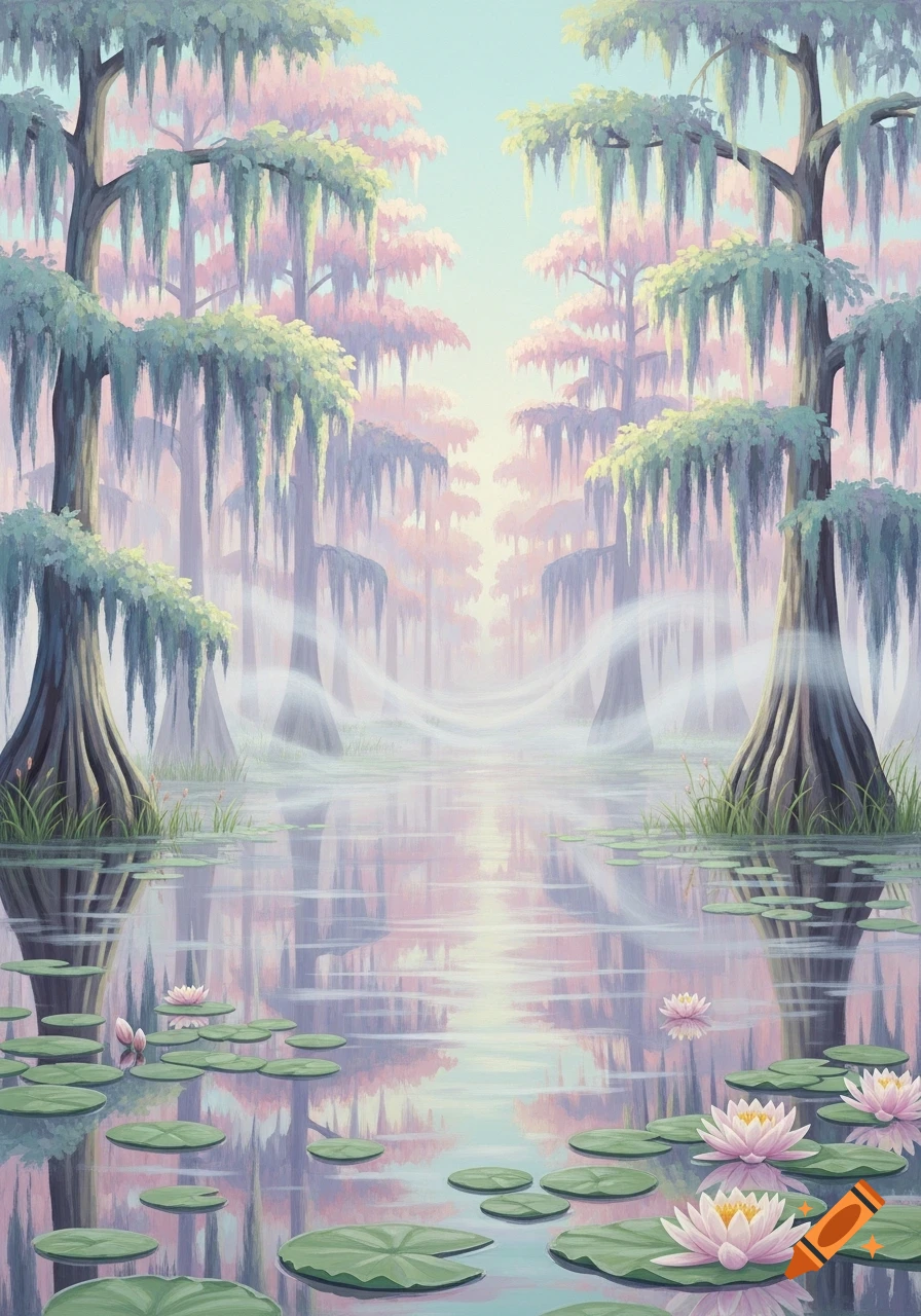 A modern pastel painting of a tranquil swamp, featuring moss-draped cypress trees and lily pads floating on reflective water.