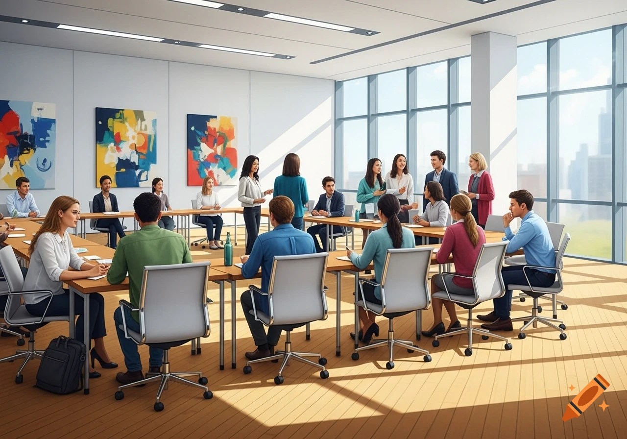 A diverse group of professionals in a modern conference room with large windows, photorealistic style.