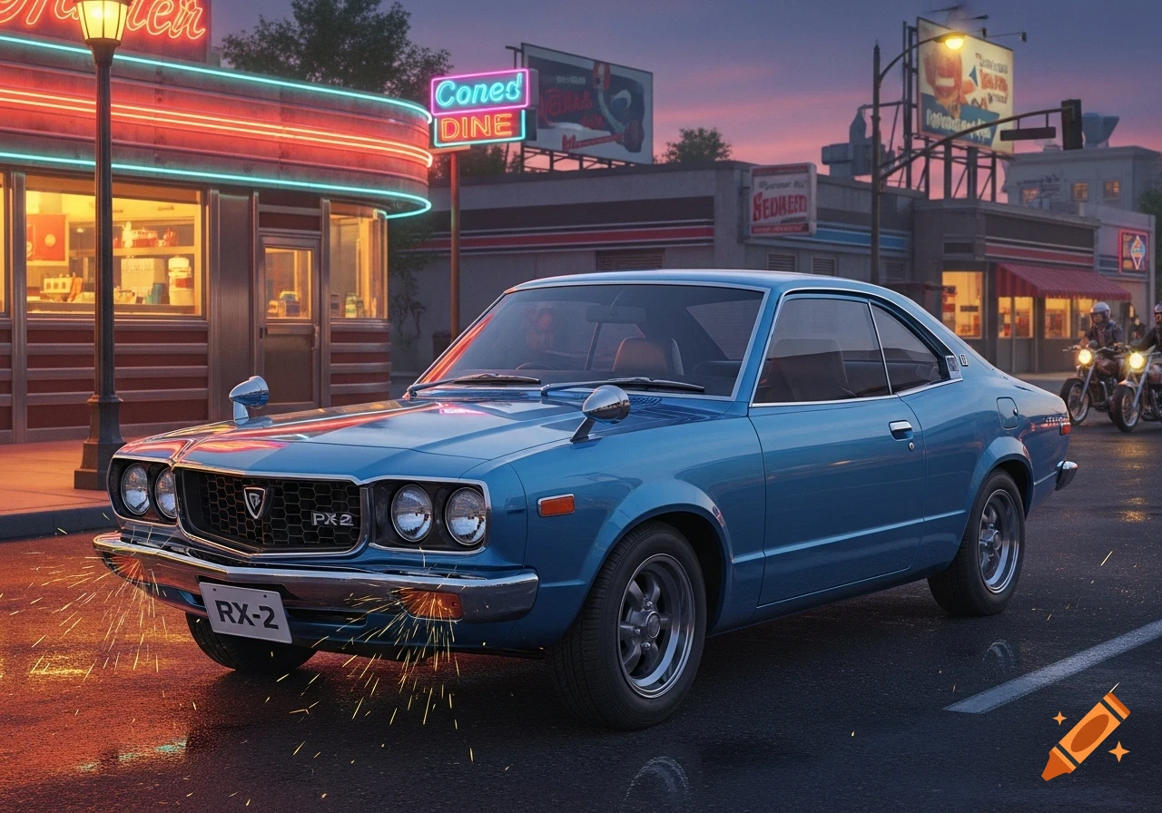 A blue vintage Mazda RX-2 car parked on a wet street in front of a neon-lit diner at dusk, with sparks near the front.
