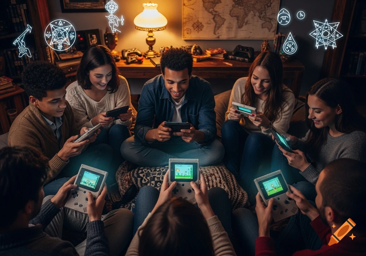 A group of diverse young adults smiling and playing video games on handheld consoles in a dimly lit room with glowing gaming icons.