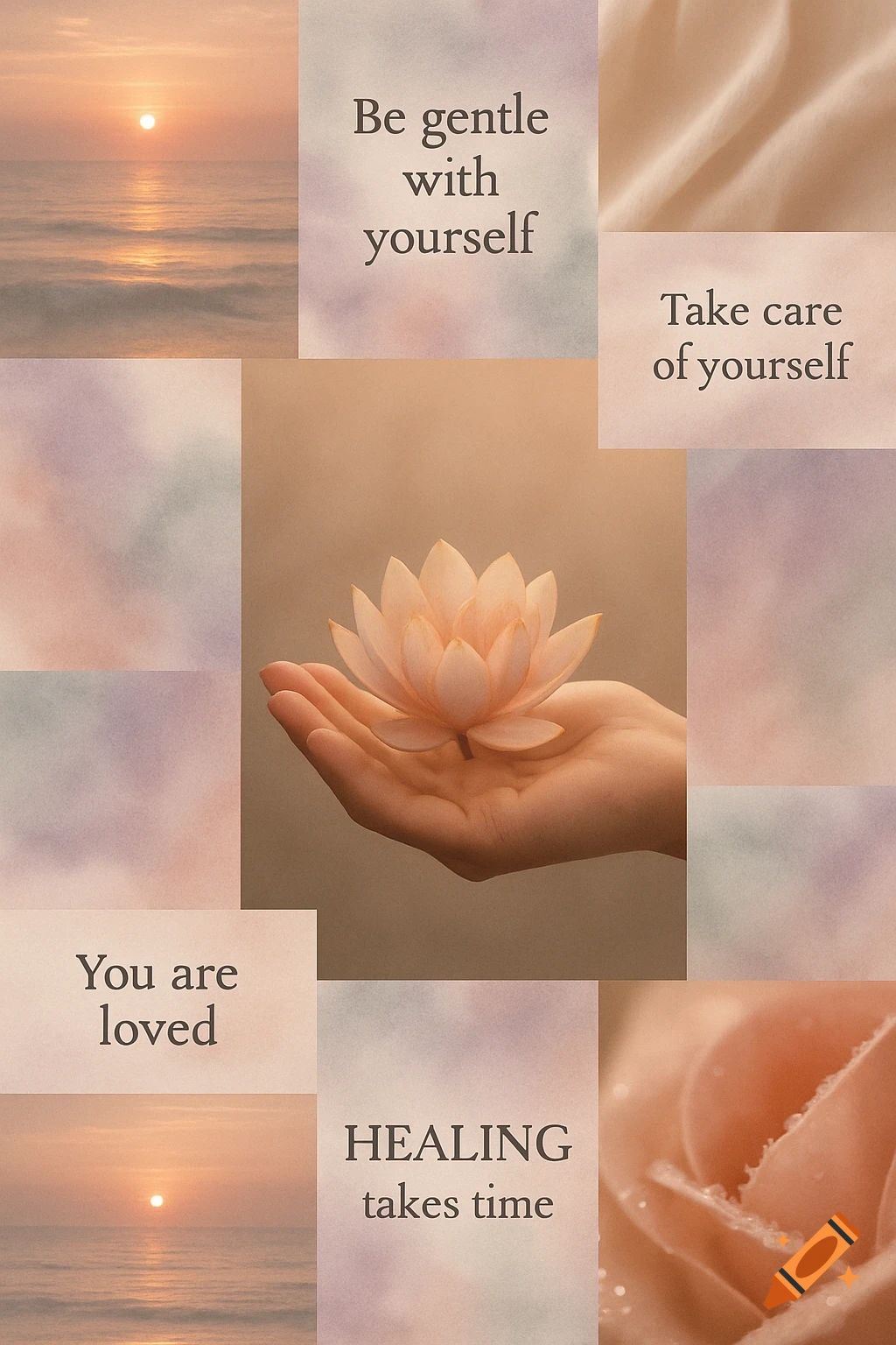 A soft, warm-toned mood board collage featuring a hand holding a lotus, serene sunsets, and motivational quotes about self-care.