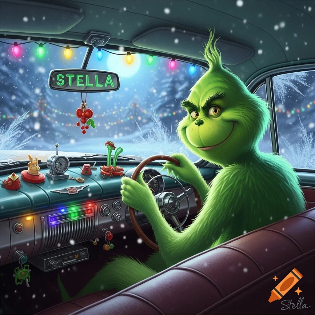 A green cartoon Grinch with a mischievous smile drives a vintage car decorated with Christmas lights and "STELLA" on the mirror, in a snowy landscape.