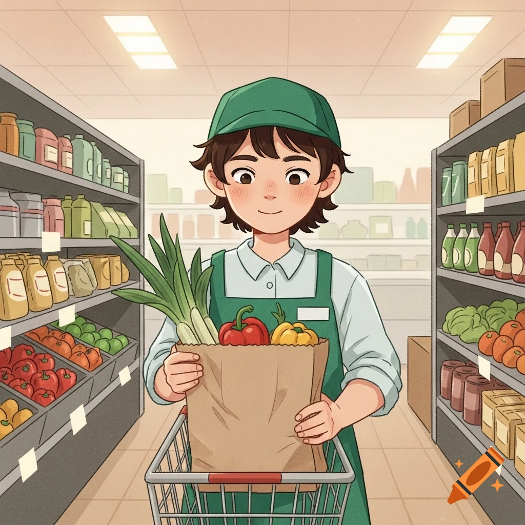 Anime illustration of a smiling grocery store worker pushing a cart with a bag of vegetables in a supermarket aisle.