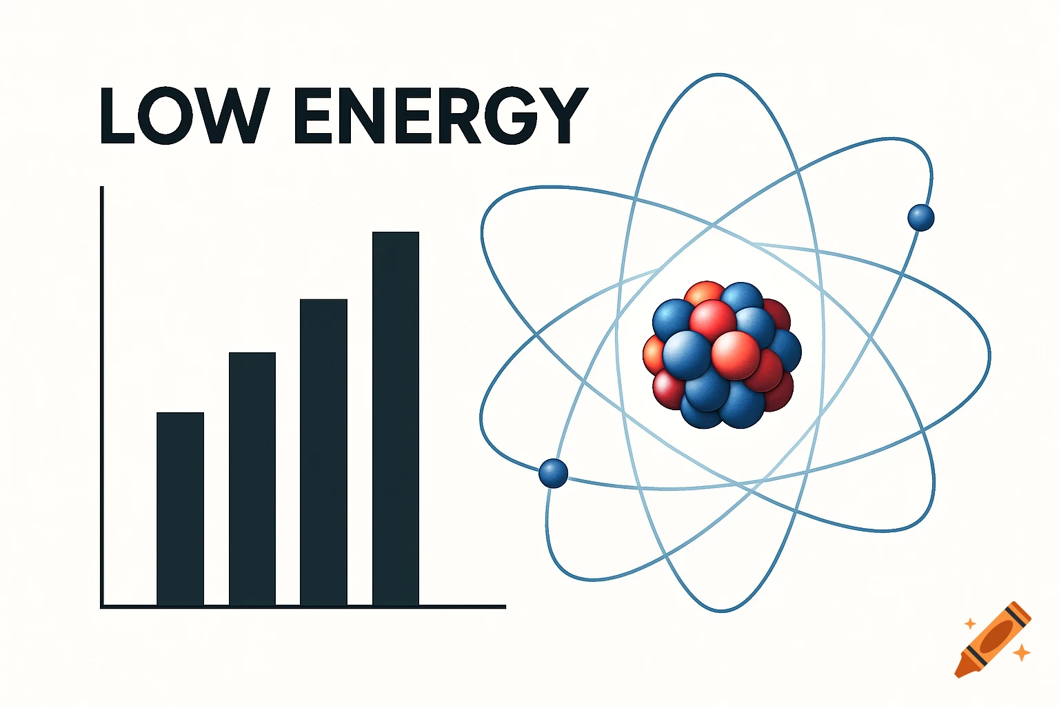 A diagram featuring 'LOW ENERGY' text above a bar chart and a stylized illustration of an atom with electrons orbiting its nucleus.