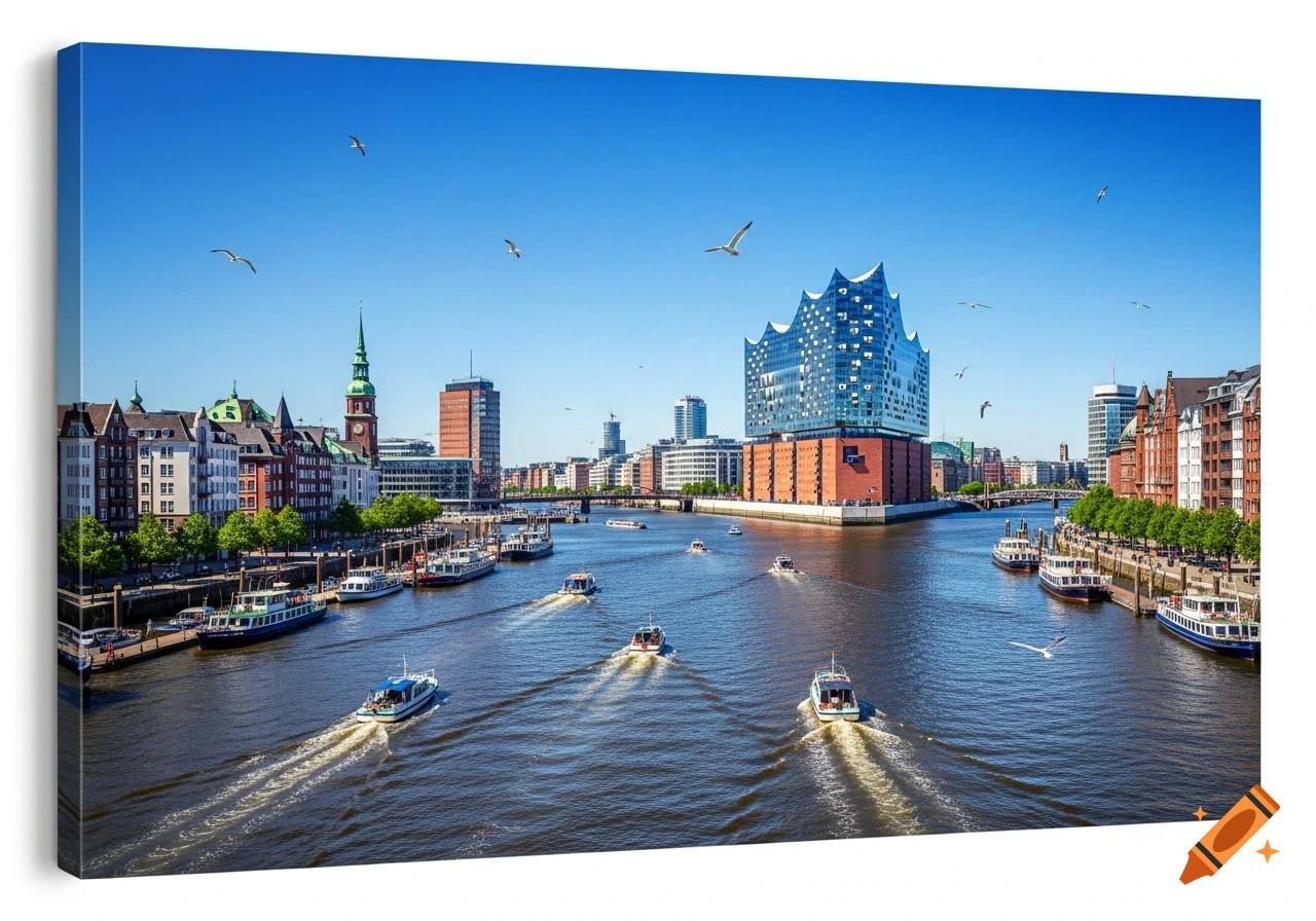 A photorealistic view of the Hamburg skyline with the Elbphilharmonie and other buildings along a river with boats.