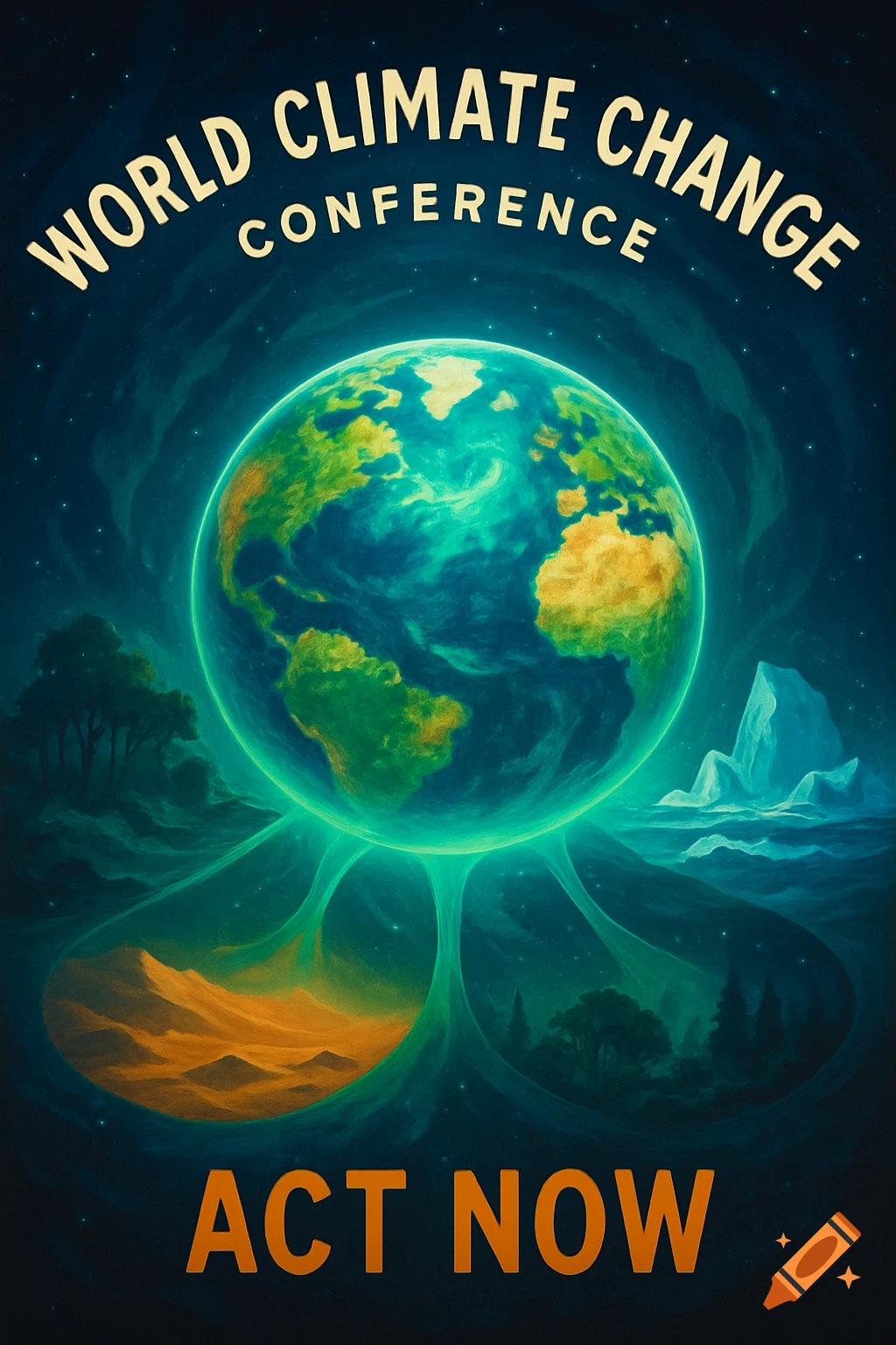A stylized environmental poster showing a glowing green Earth with continents, text 'WORLD CLIMATE CHANGE CONFERENCE ACT NOW'.