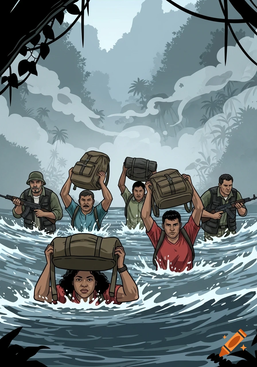A group of people, some armed, wading through a jungle river, carrying backpacks above water in a graphic novel style.