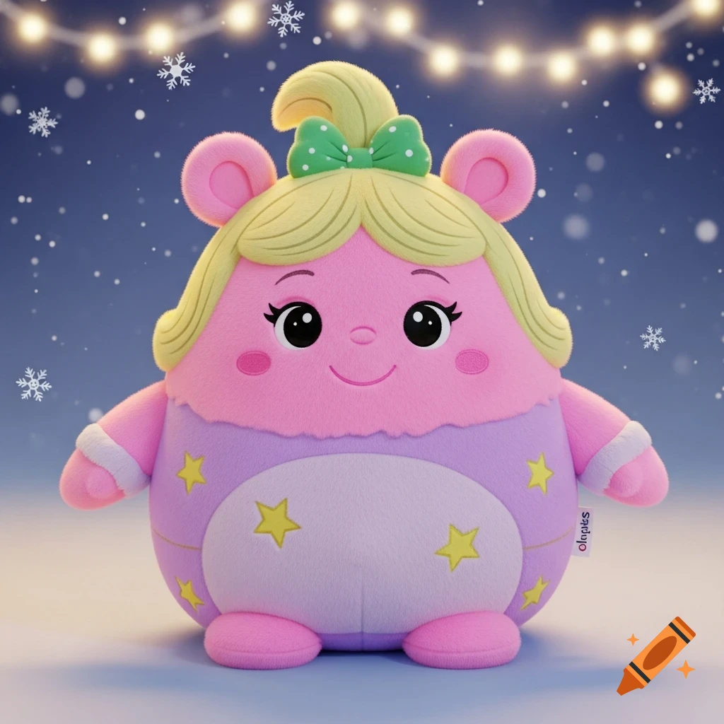 A pink, round plush toy with yellow hair, a green bow, and star-shaped patterns, against a snowy blue background with string lights.