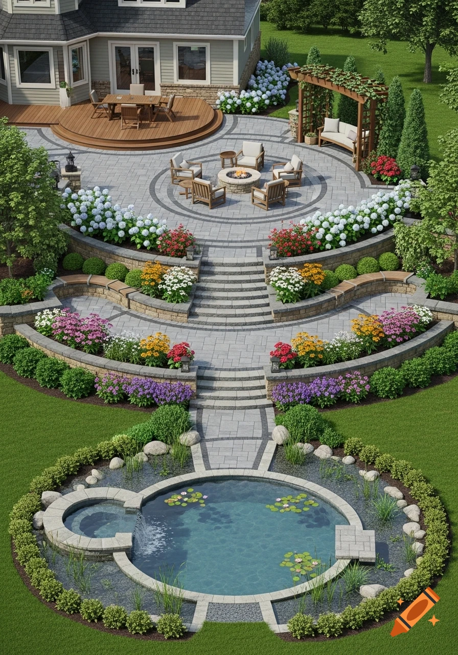 Aerial view of a multi-tiered backyard with a house, circular deck, patios, fire pit, colorful gardens, stone steps, and a pond.
