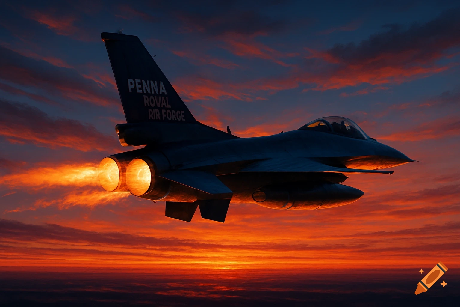 A fighter jet with bright afterburners flying against a vibrant orange and red sunset sky.