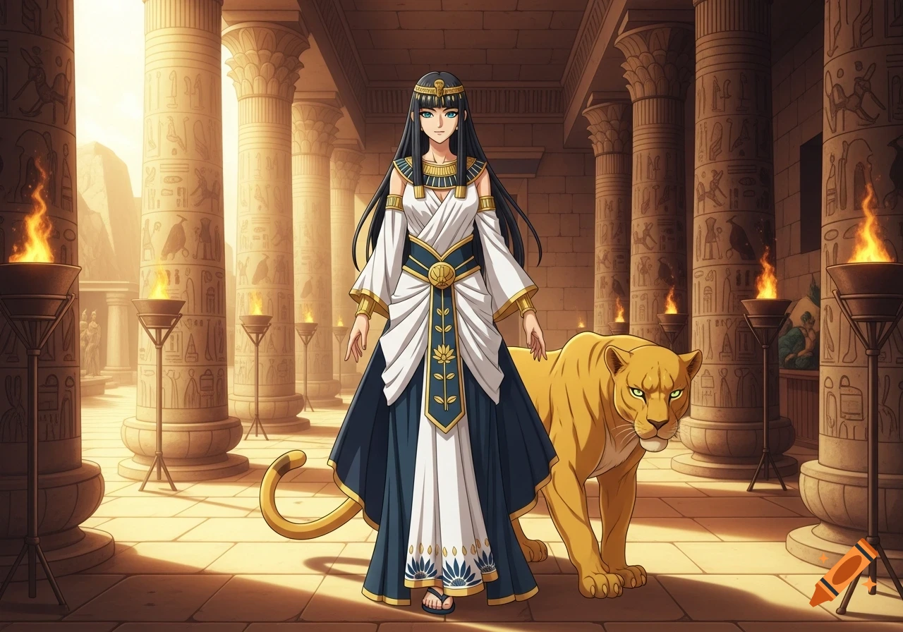 An anime-style Egyptian princess with long dark hair and a panther stands in an ancient palace with hieroglyphic columns and torches.