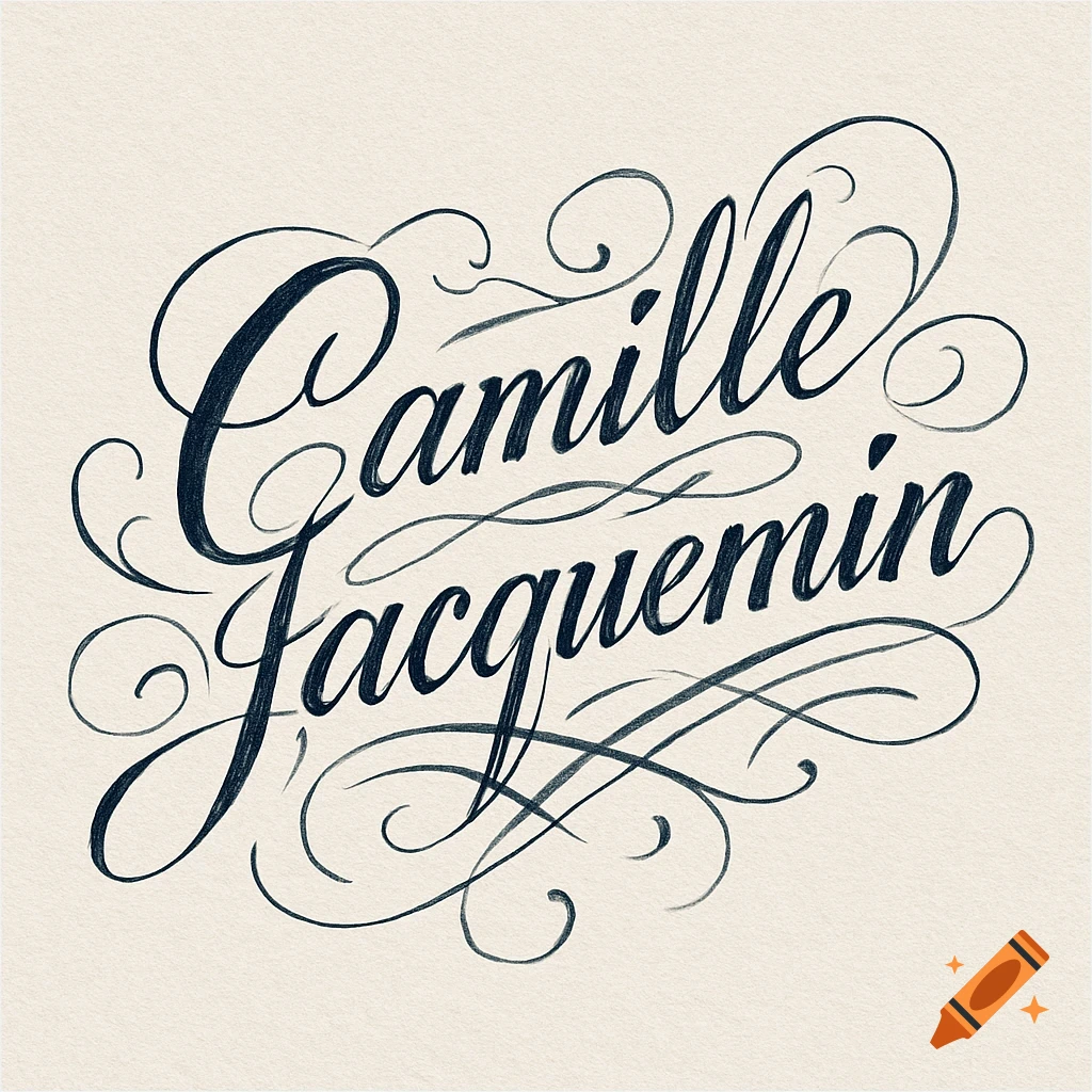 Elegant dark blue calligraphic signature spelling 'Camille Jacquemin' with flourishes on a textured off-white background.